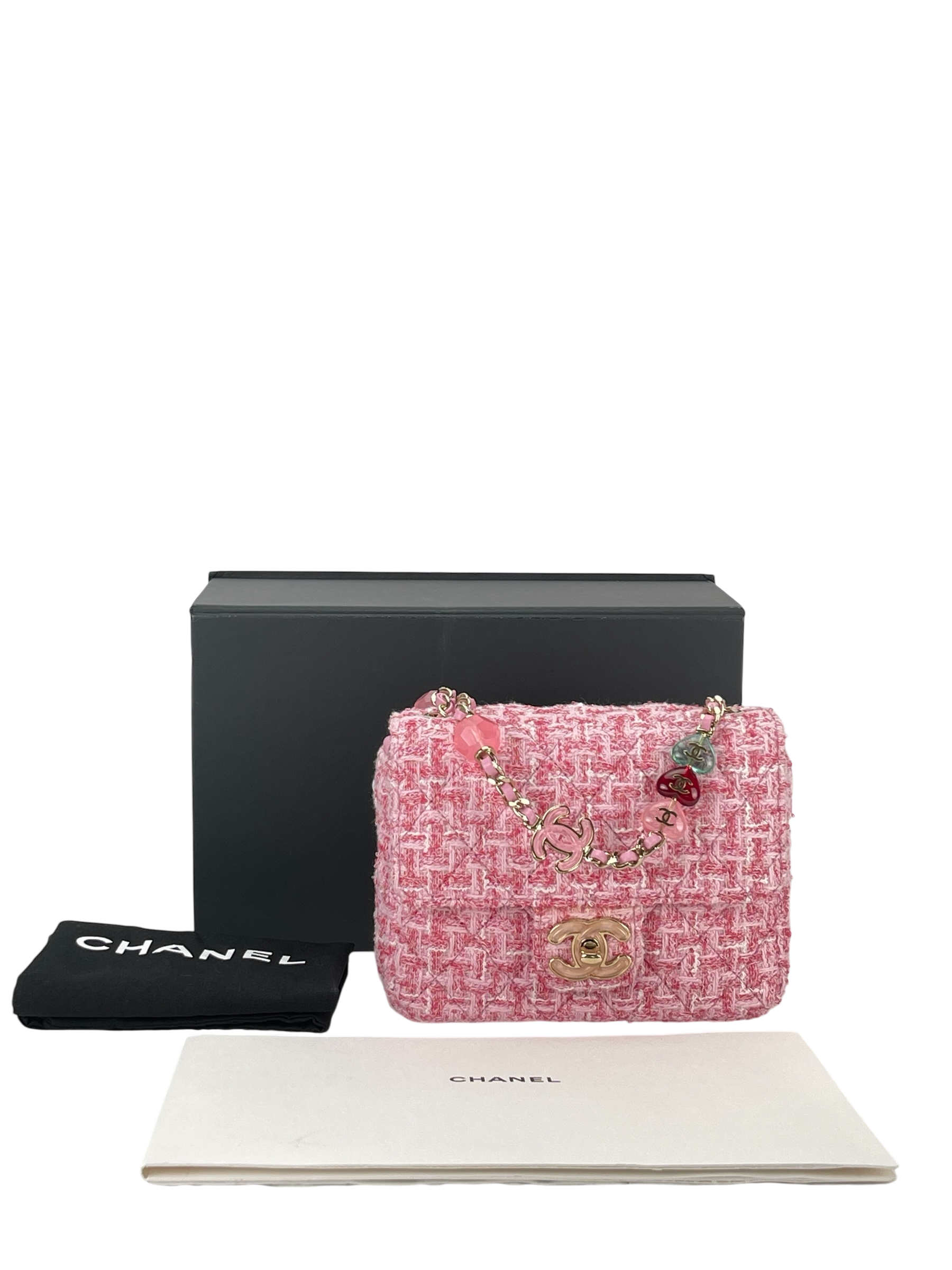 CHANEL - Pink Tweed Heart Chain Mini Flap Bag