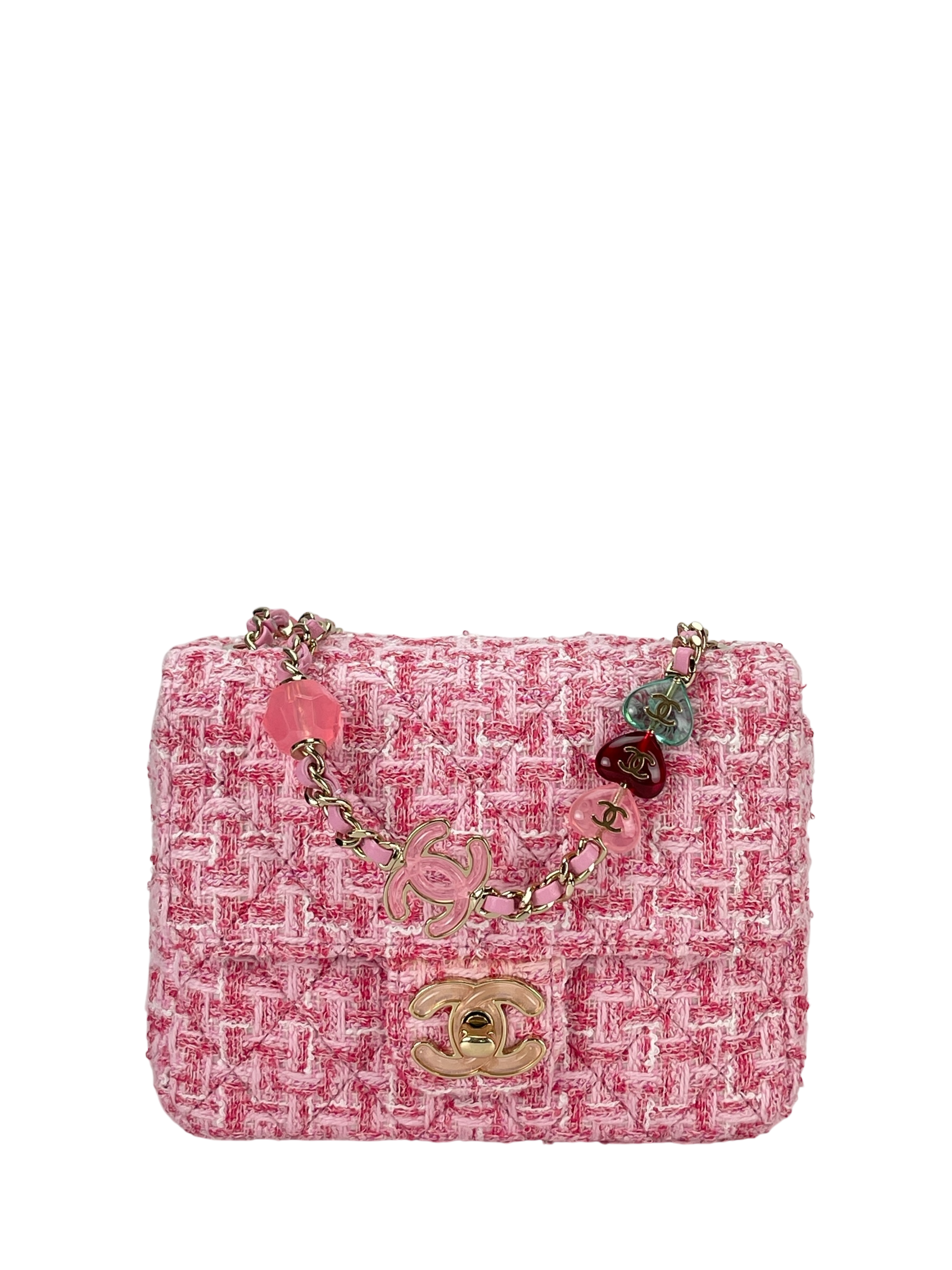 CHANEL - Pink Tweed Heart Chain Mini Flap Bag