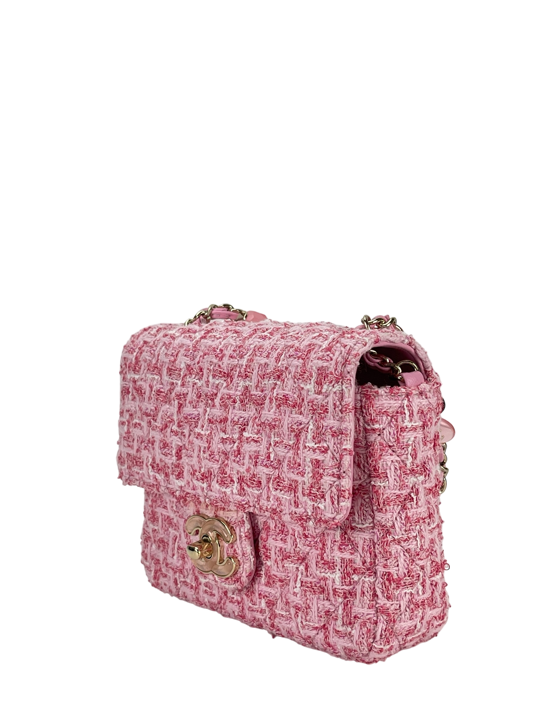 CHANEL - Pink Tweed Heart Chain Mini Flap Bag