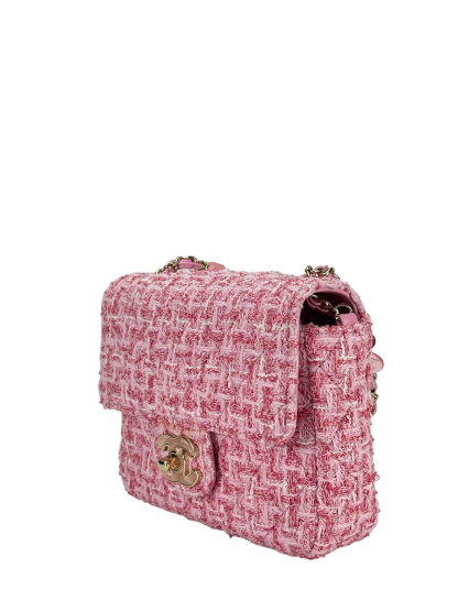 CHANEL - Pink Tweed Heart Chain Mini Flap Bag