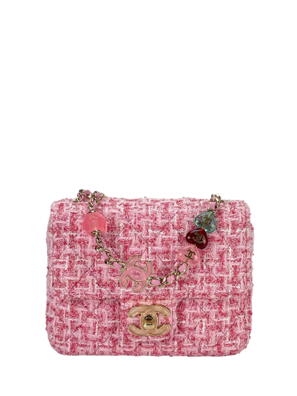 CHANEL - Pink Tweed Heart Chain Mini Flap Bag