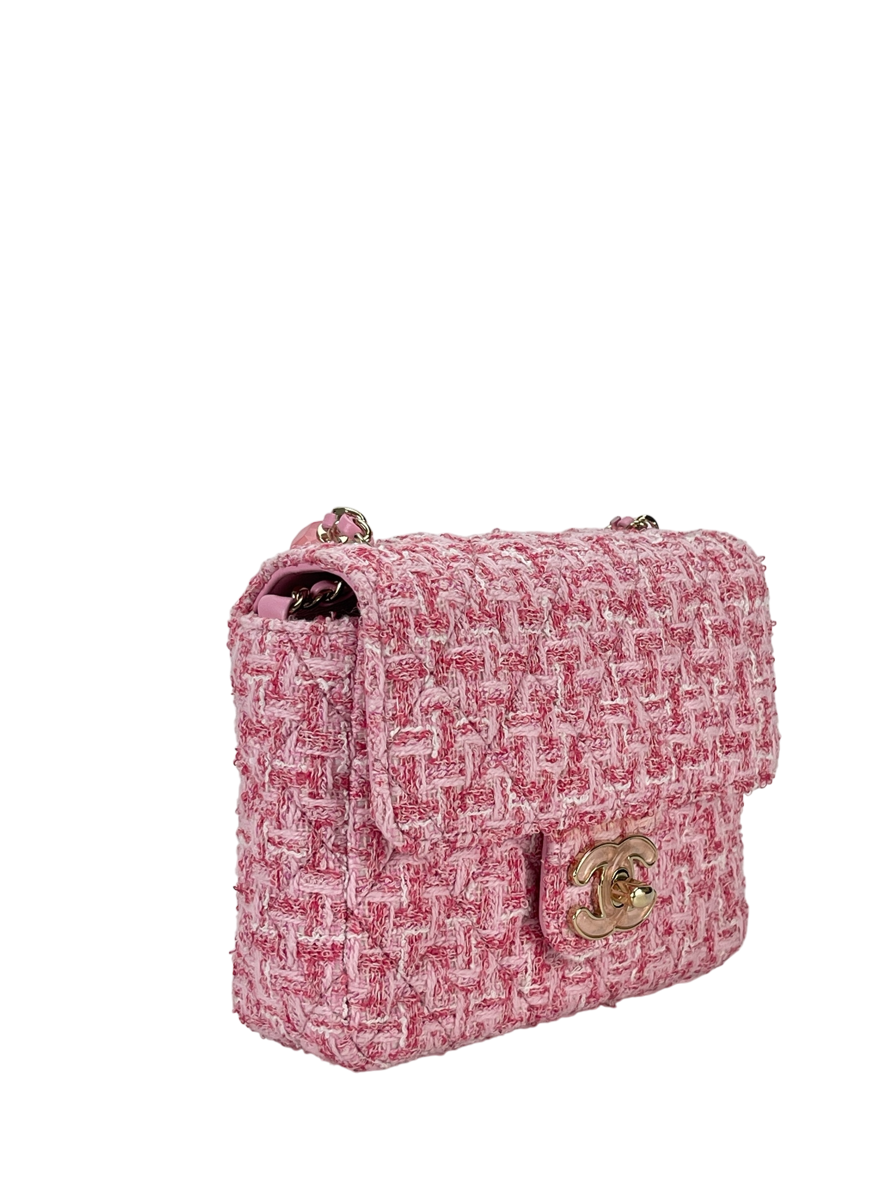 CHANEL - Pink Tweed Heart Chain Mini Flap Bag