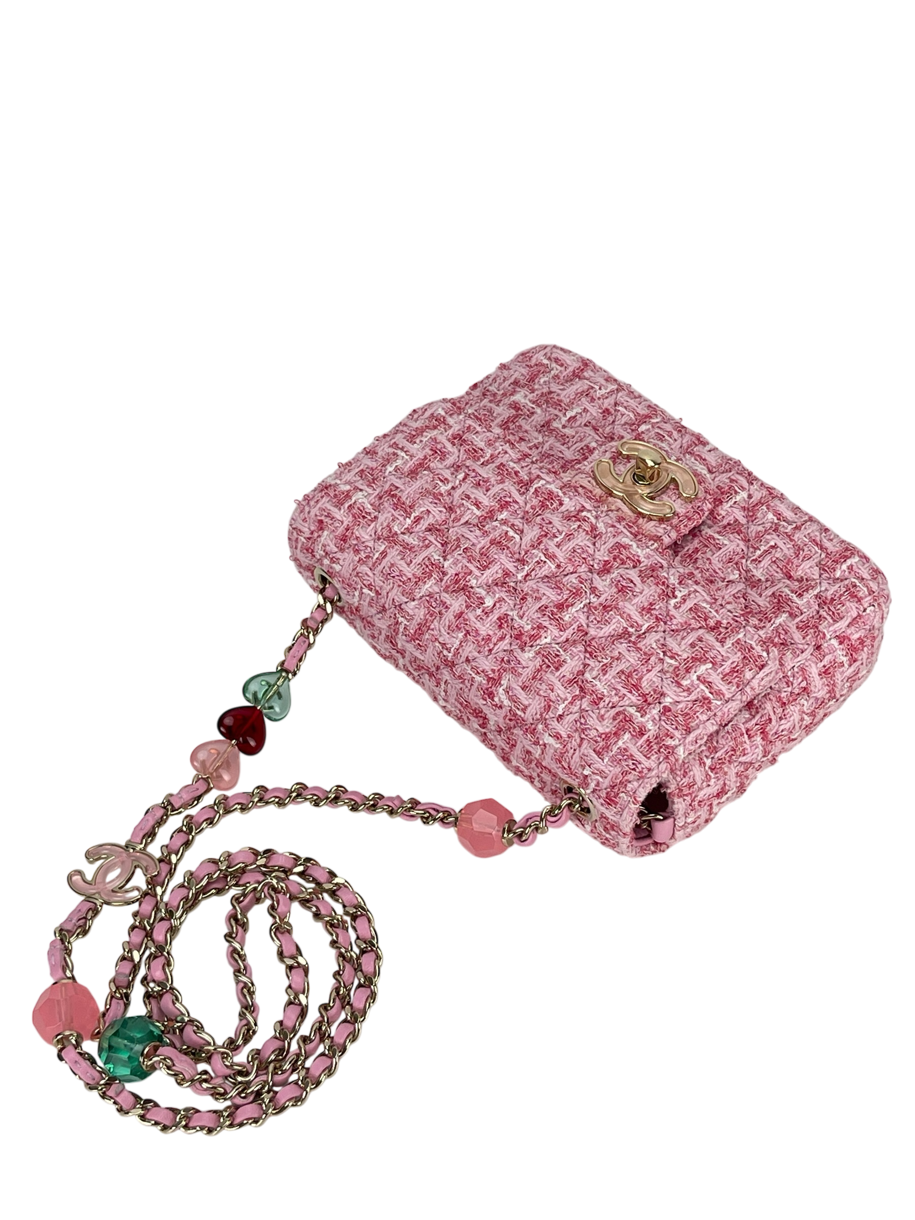 CHANEL - Pink Tweed Heart Chain Mini Flap Bag