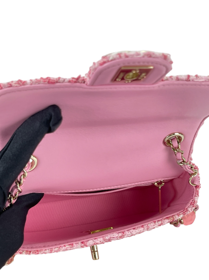 CHANEL - Pink Tweed Heart Chain Mini Flap Bag
