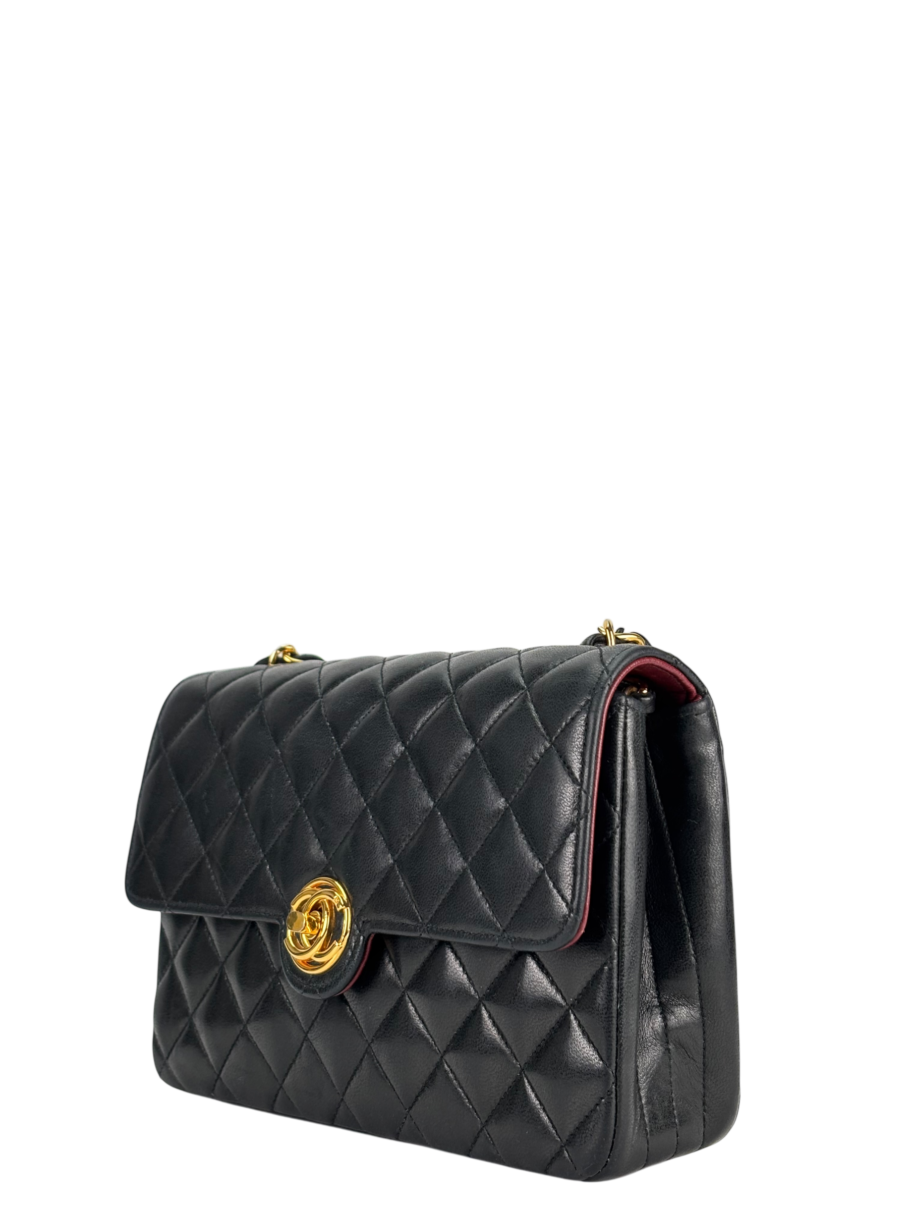 CHANEL - Black Lambskin Matelasse Chain Shoulder Bag Gold Hardware