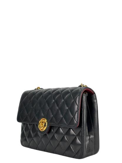CHANEL - Black Lambskin Matelasse Chain Shoulder Bag Gold Hardware