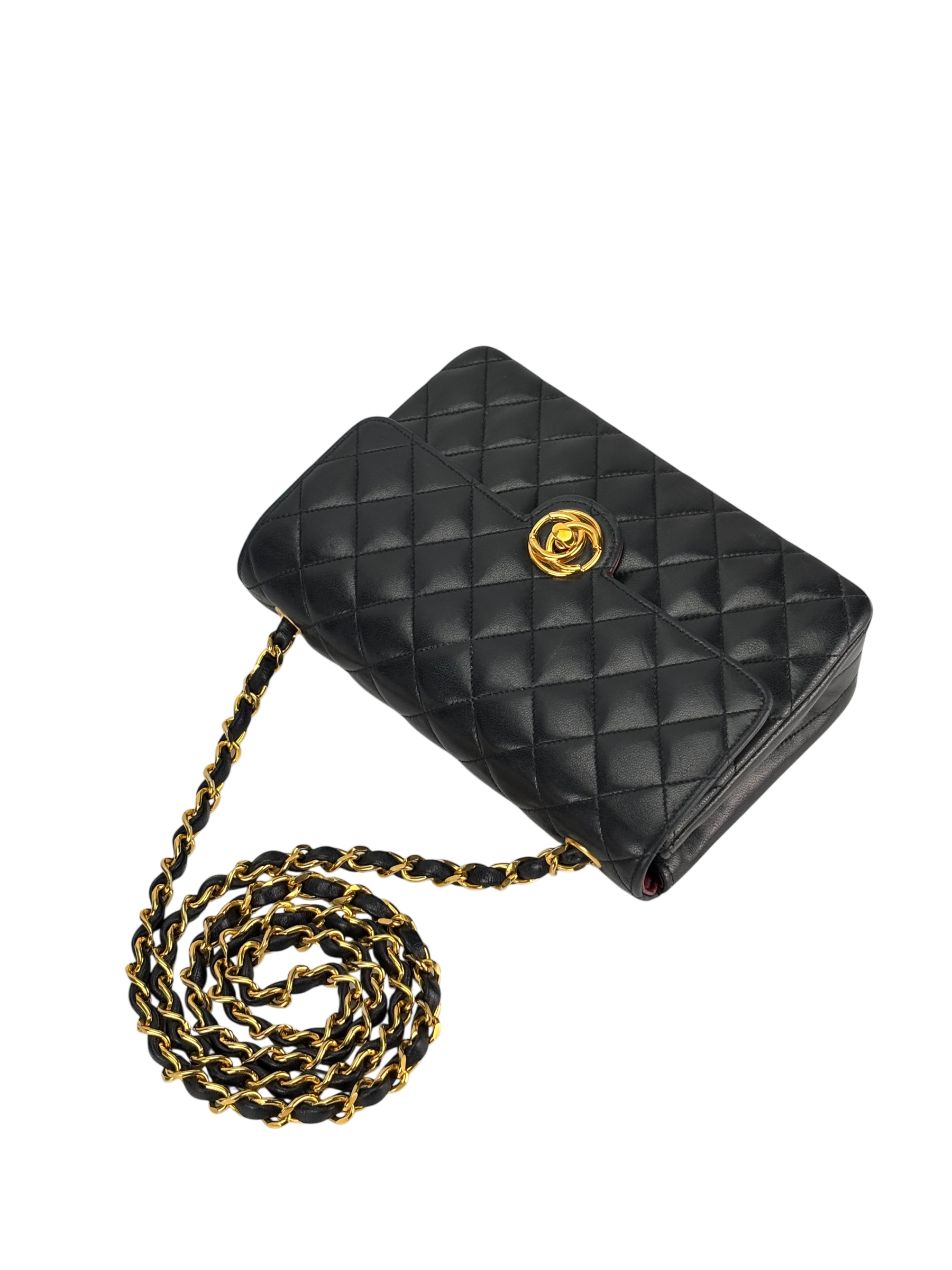 CHANEL - Black Lambskin Matelasse Chain Shoulder Bag Gold Hardware