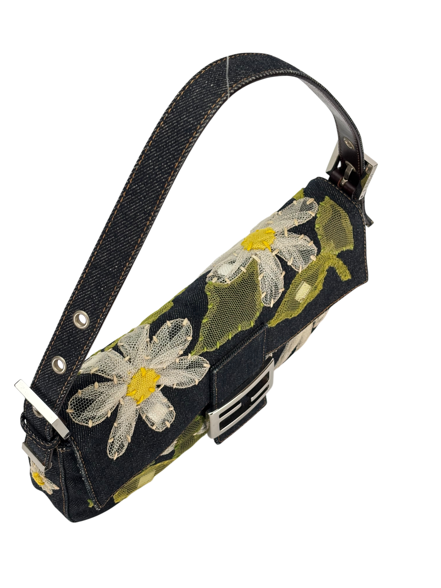 FENDI - Blue Denim Baguette in Dark Embroided Flowers
