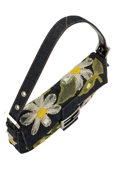 FENDI - Blue Denim Baguette in Dark Embroided Flowers