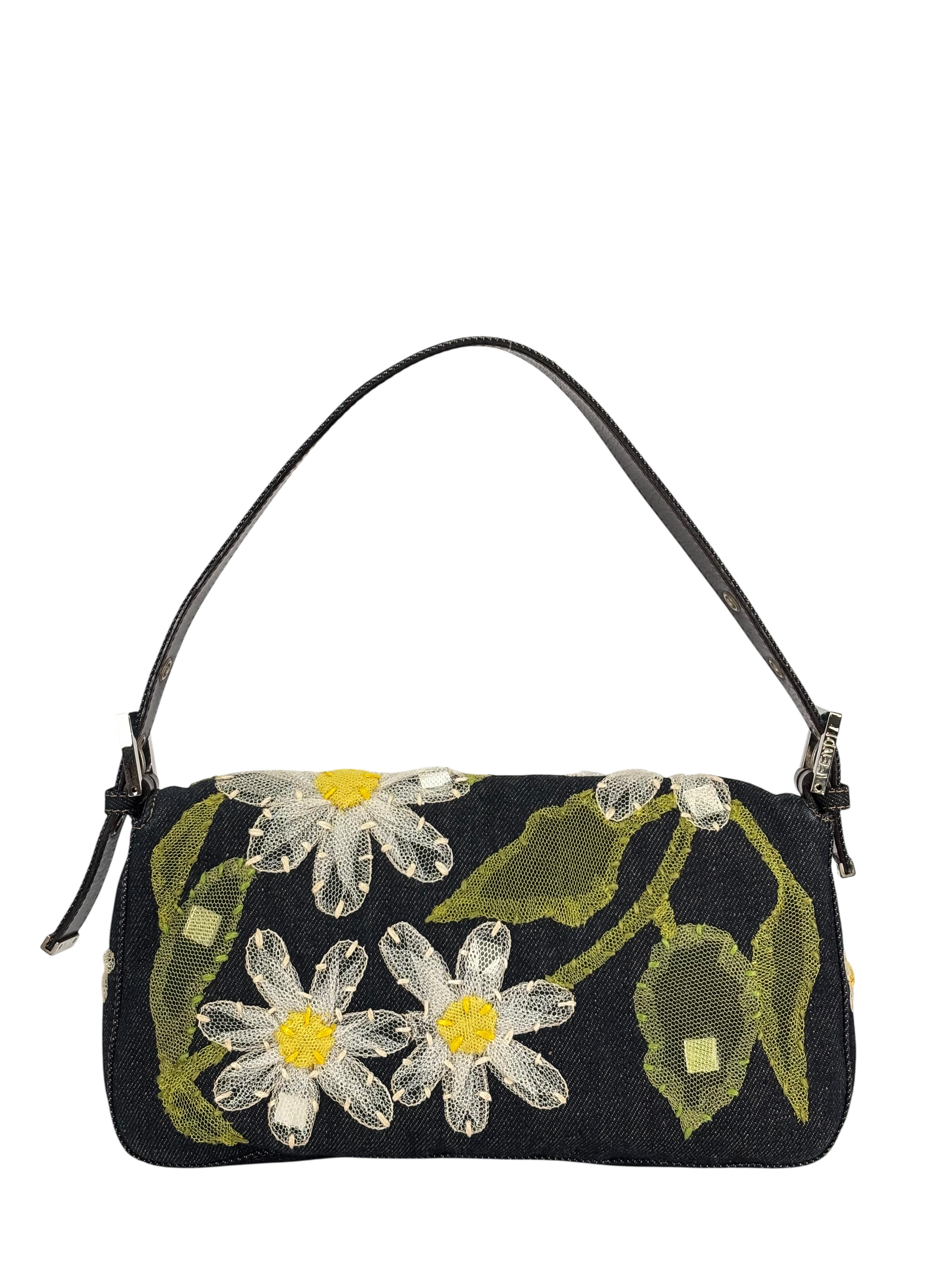 FENDI - Blue Denim Baguette in Dark Embroided Flowers