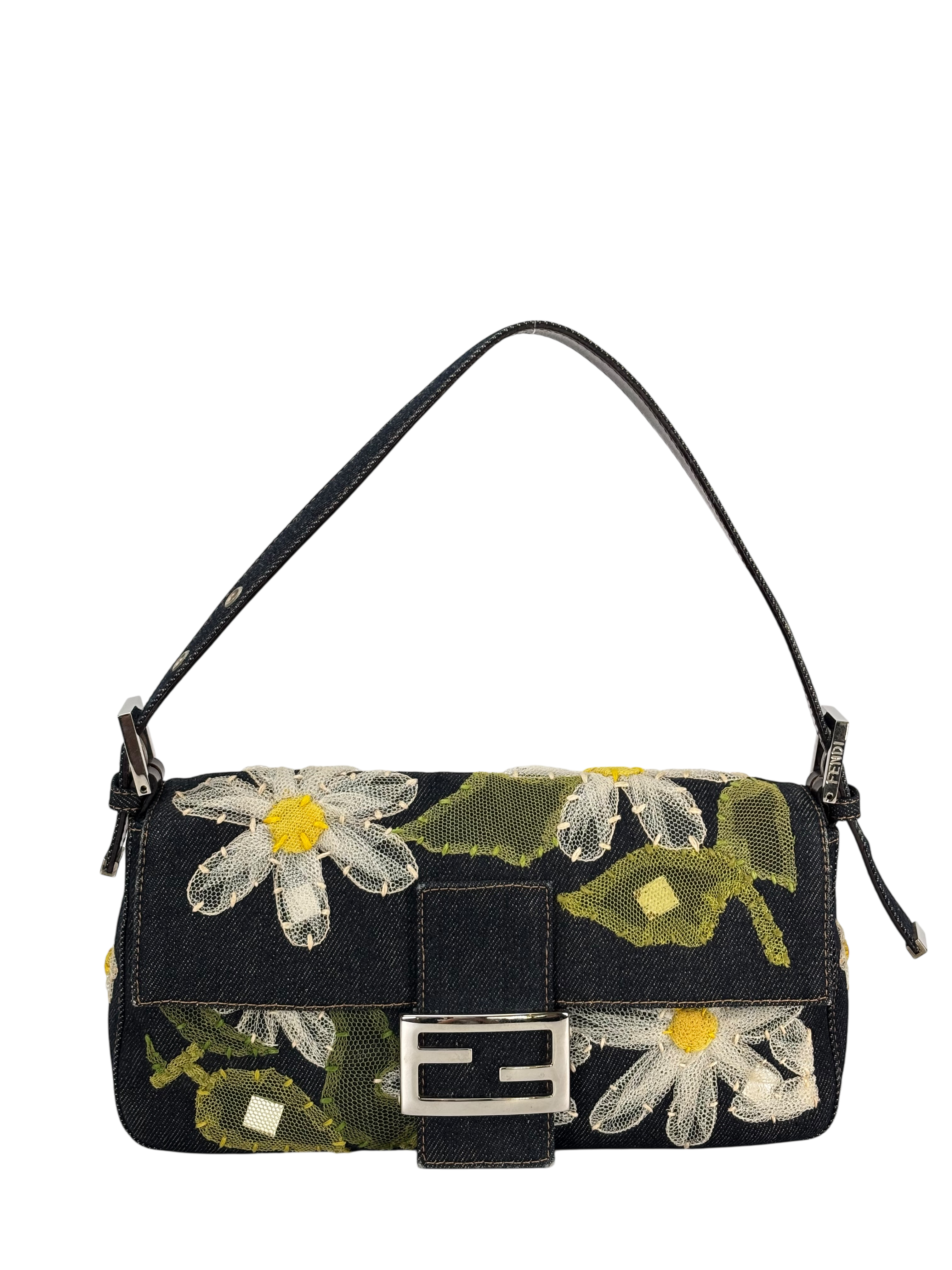 FENDI - Blue Denim Baguette in Dark Embroided Flowers