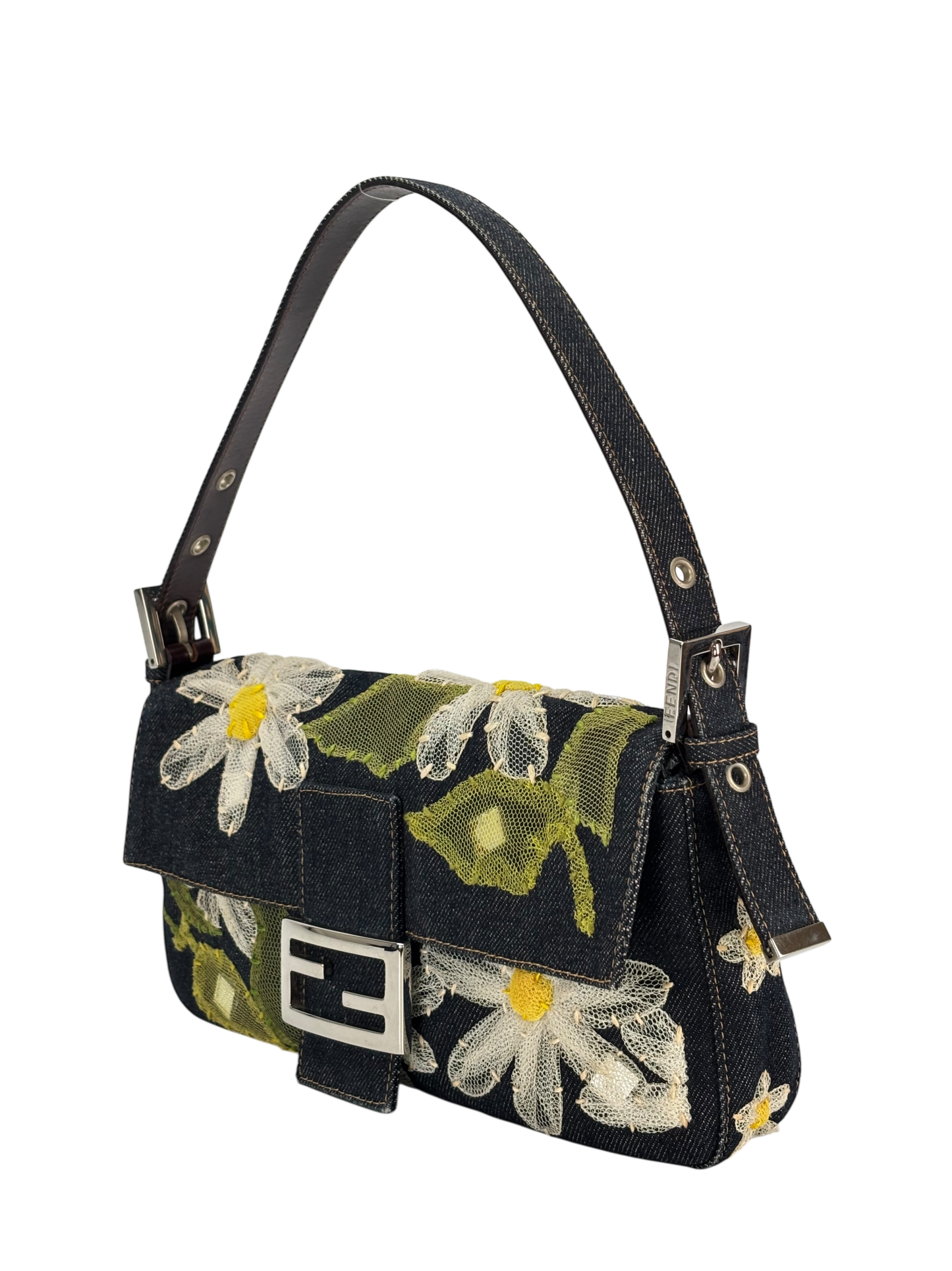 FENDI - Blue Denim Baguette in Dark Embroided Flowers