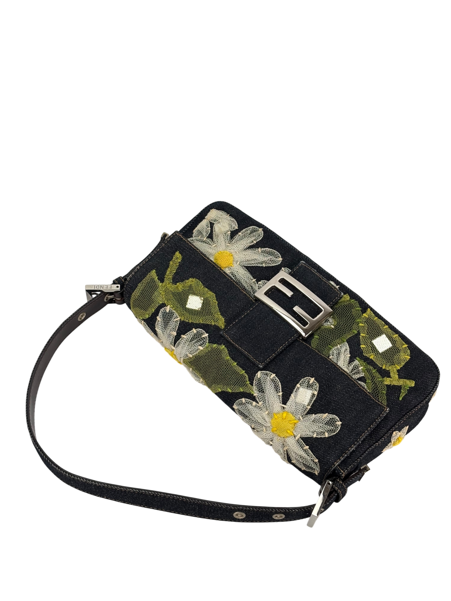 FENDI - Blue Denim Baguette in Dark Embroided Flowers