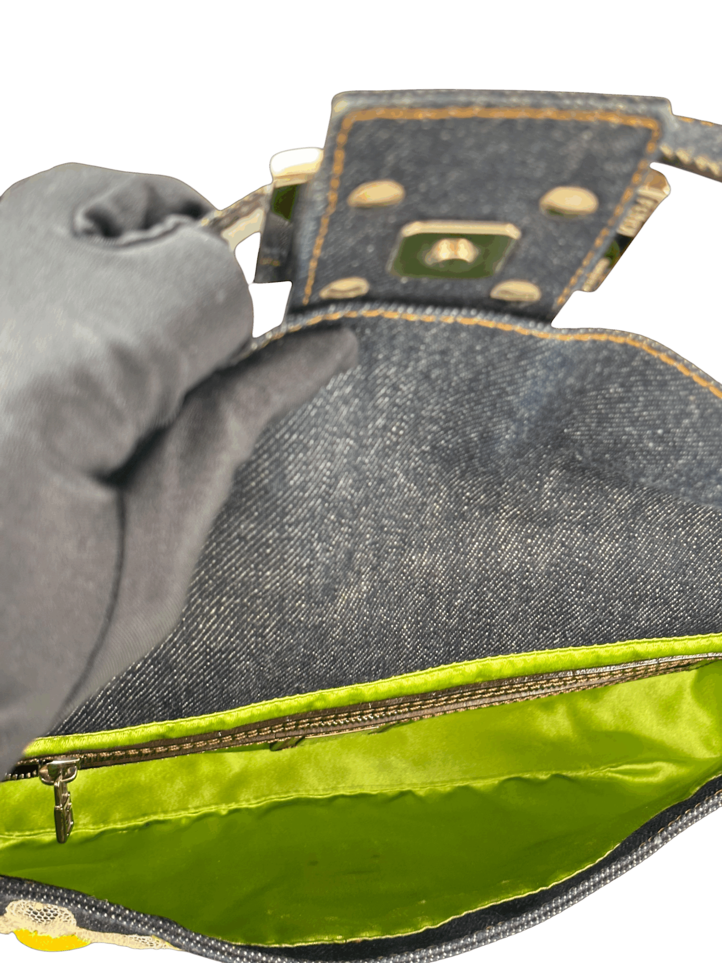 FENDI - Blue Denim Baguette in Dark Embroided Flowers