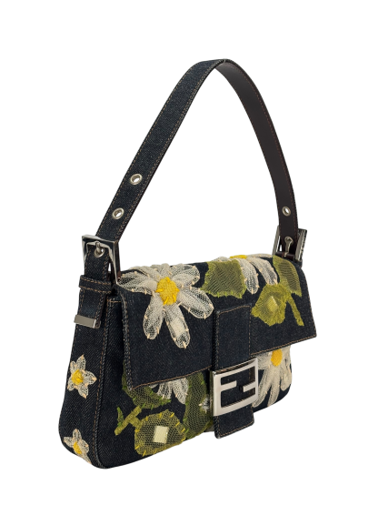 FENDI - Blue Denim Baguette in Dark Embroided Flowers
