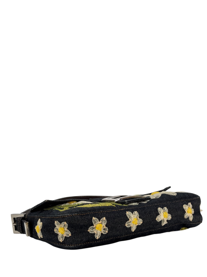 FENDI - Blue Denim Baguette in Dark Embroided Flowers