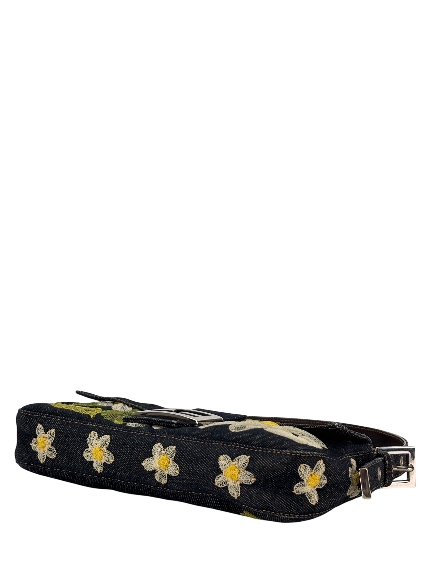 FENDI - Blue Denim Baguette in Dark Embroided Flowers