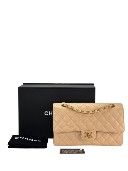 CHANEL - Medium Classic Double Flap Bag Beige Caviar Gold Hardware (CF25) 
