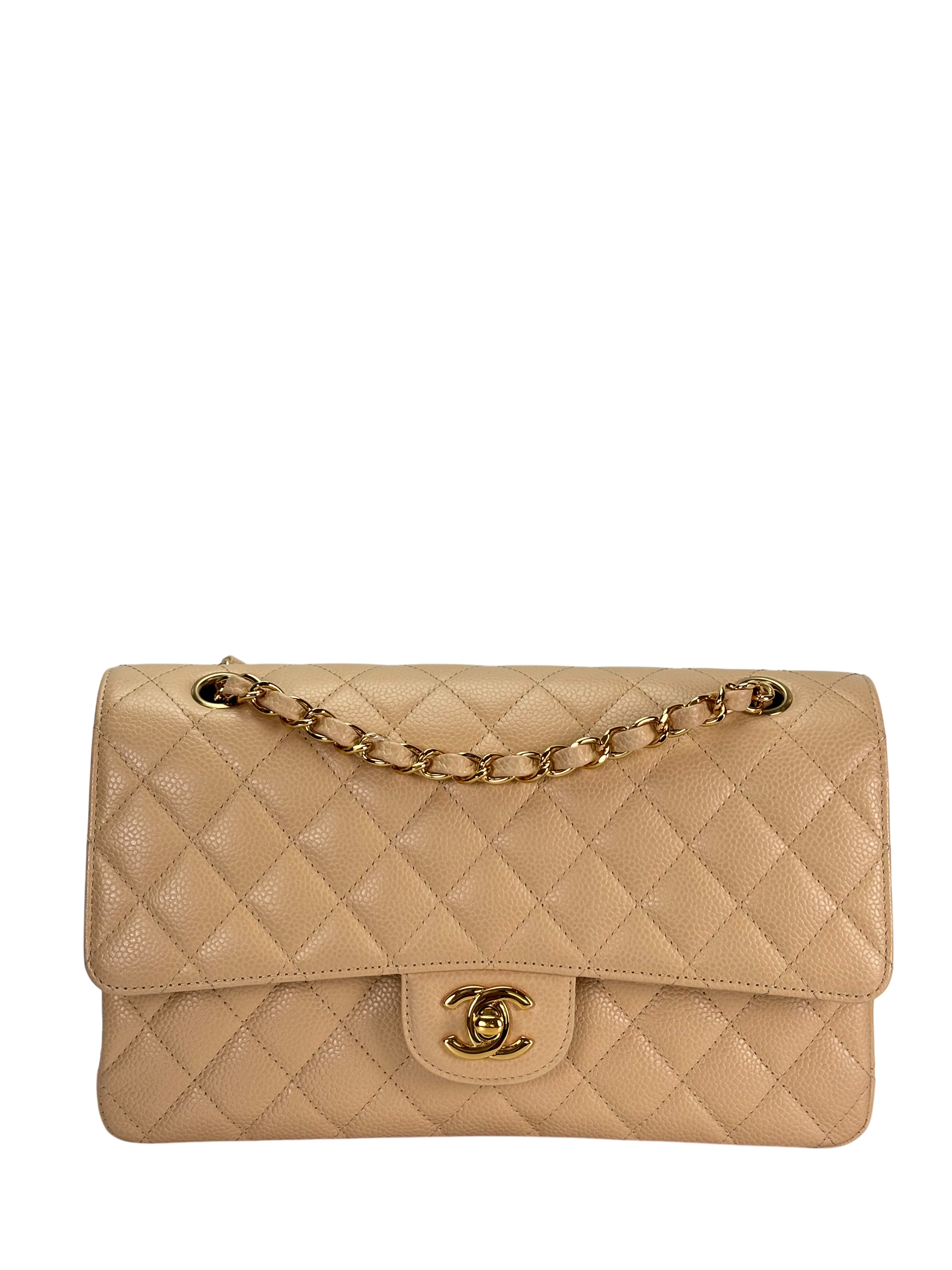 CHANEL - Medium Classic Double Flap Bag Beige Caviar Gold Hardware (CF25) 