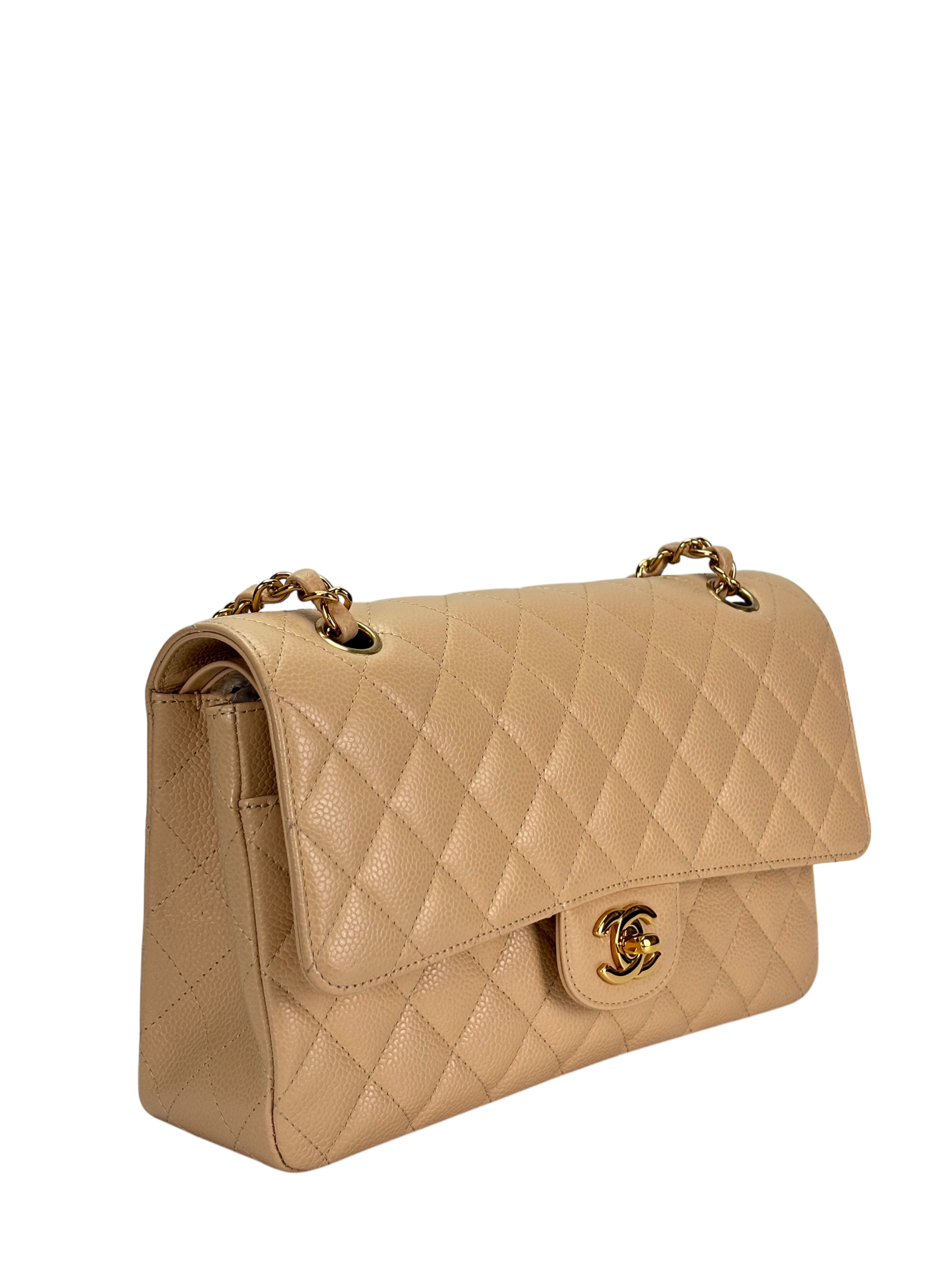 CHANEL - Medium Classic Double Flap Bag Beige Caviar Gold Hardware (CF25)