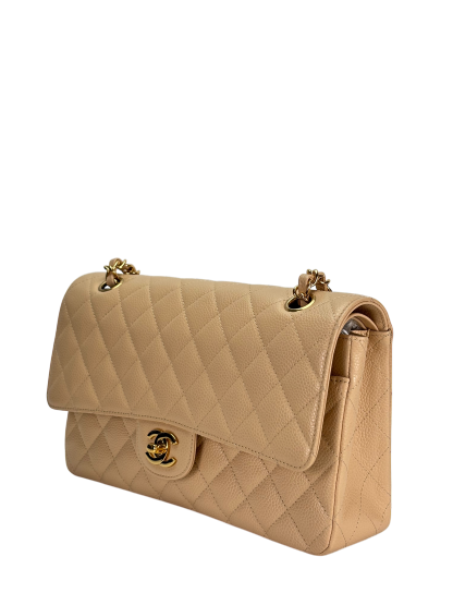 CHANEL - Medium Classic Double Flap Bag Beige Caviar Gold Hardware (CF25) 