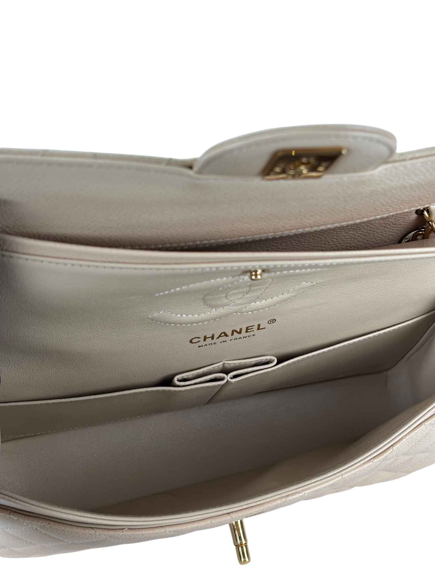 CHANEL - Medium Classic Double Flap Bag Beige Caviar Gold Hardware (CF25) 