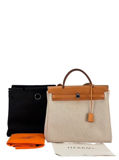HERMES - Herbag Zip 31 (PM) Beige Toile Vache Palladium Hardware
