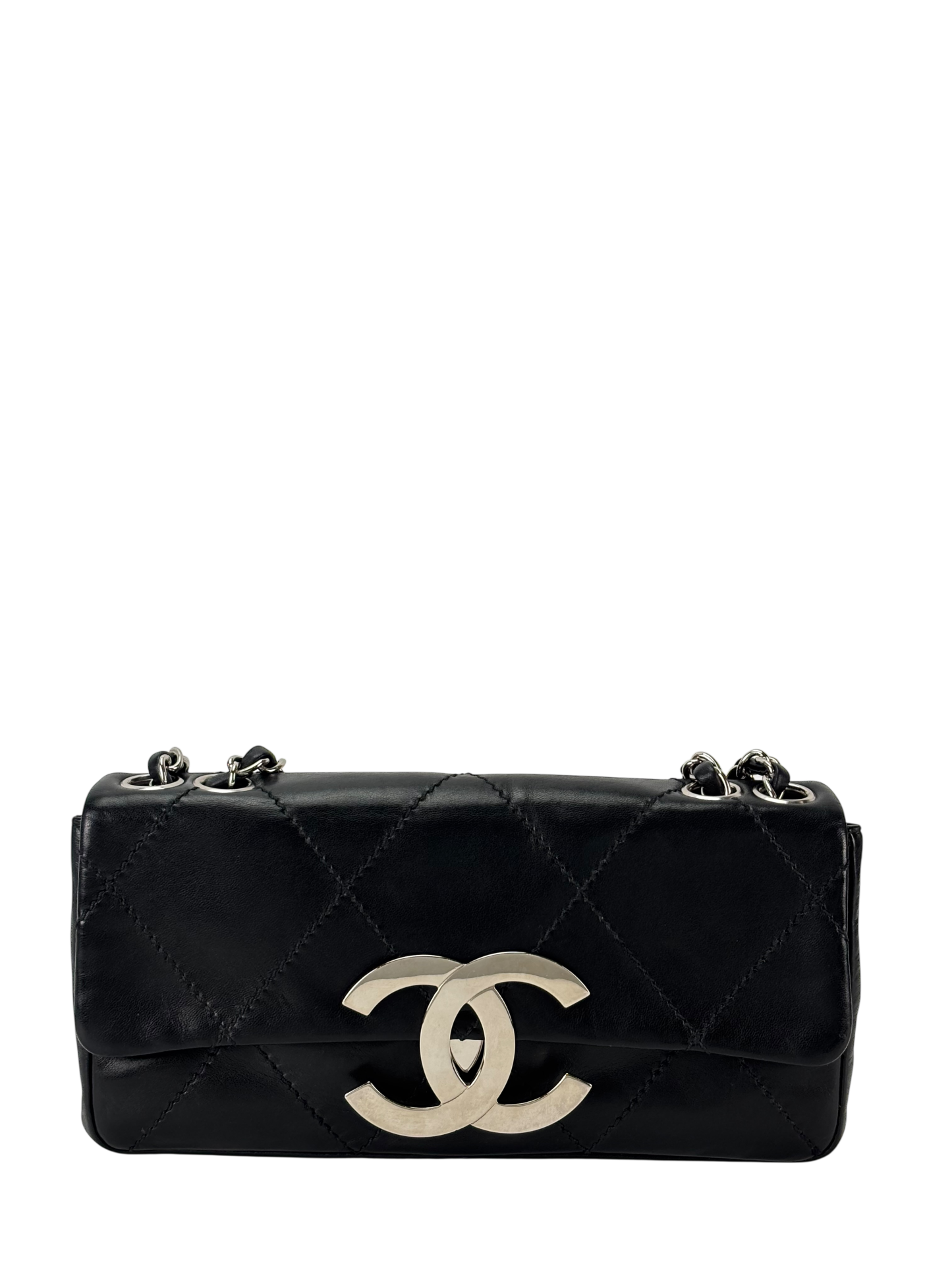 CHANEL - Black Lambskin Diamond Stitched CC East West Flap 
