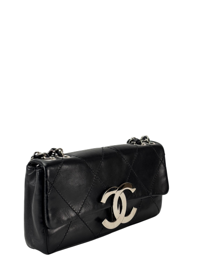 CHANEL - Black Lambskin Diamond Stitched CC East West Flap 