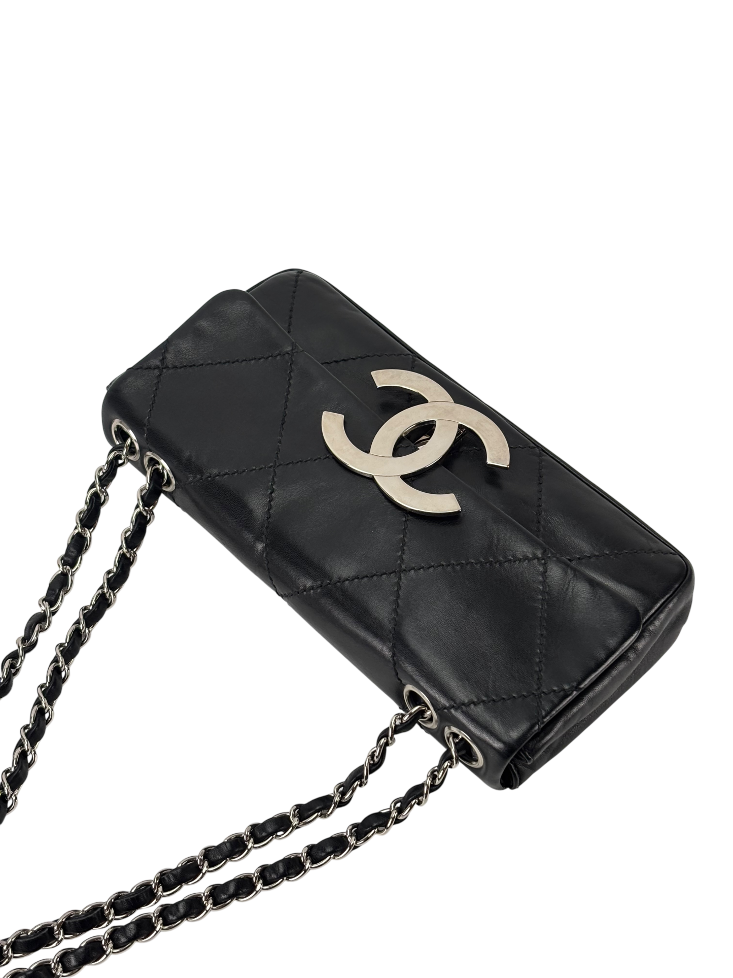 CHANEL - Black Lambskin Diamond Stitched CC East West Flap 