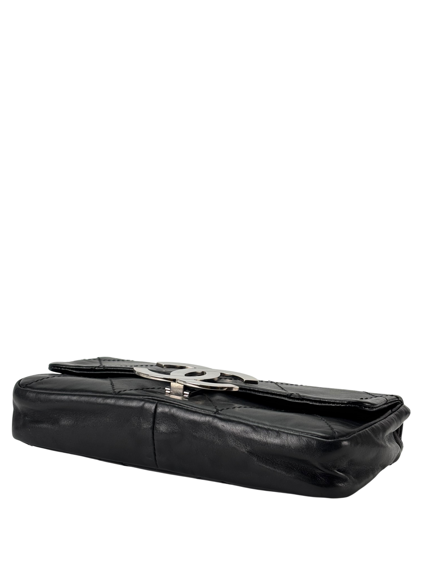 CHANEL - Black Lambskin Diamond Stitched CC East West Flap 