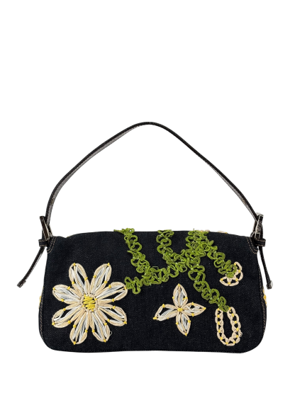 FENDI - Small Mamma Baguette Bag Denim Flower Navy