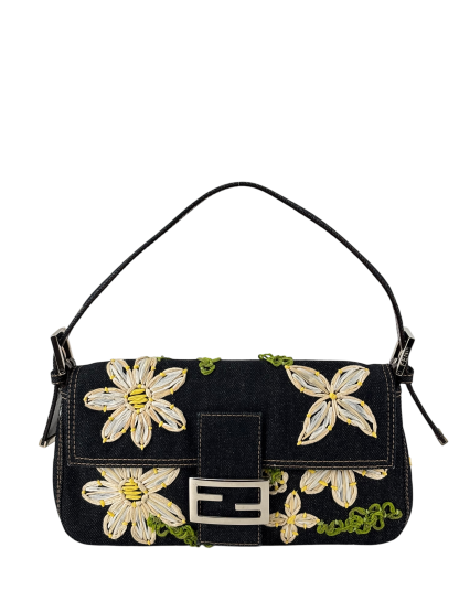 FENDI - Small Mamma Baguette Bag Denim Flower Navy