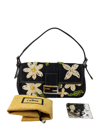 FENDI - Small Mamma Baguette Bag Denim Flower Navy