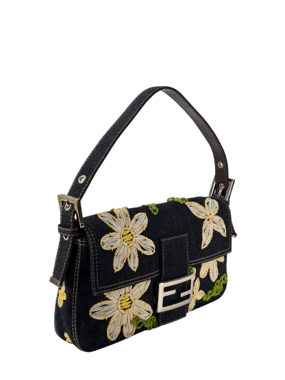 FENDI - Small Mamma Baguette Bag Denim Flower Navy