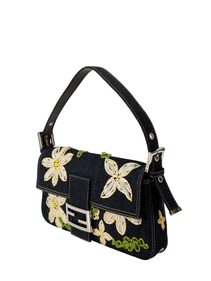 FENDI - Small Mamma Baguette Bag Denim Flower Navy