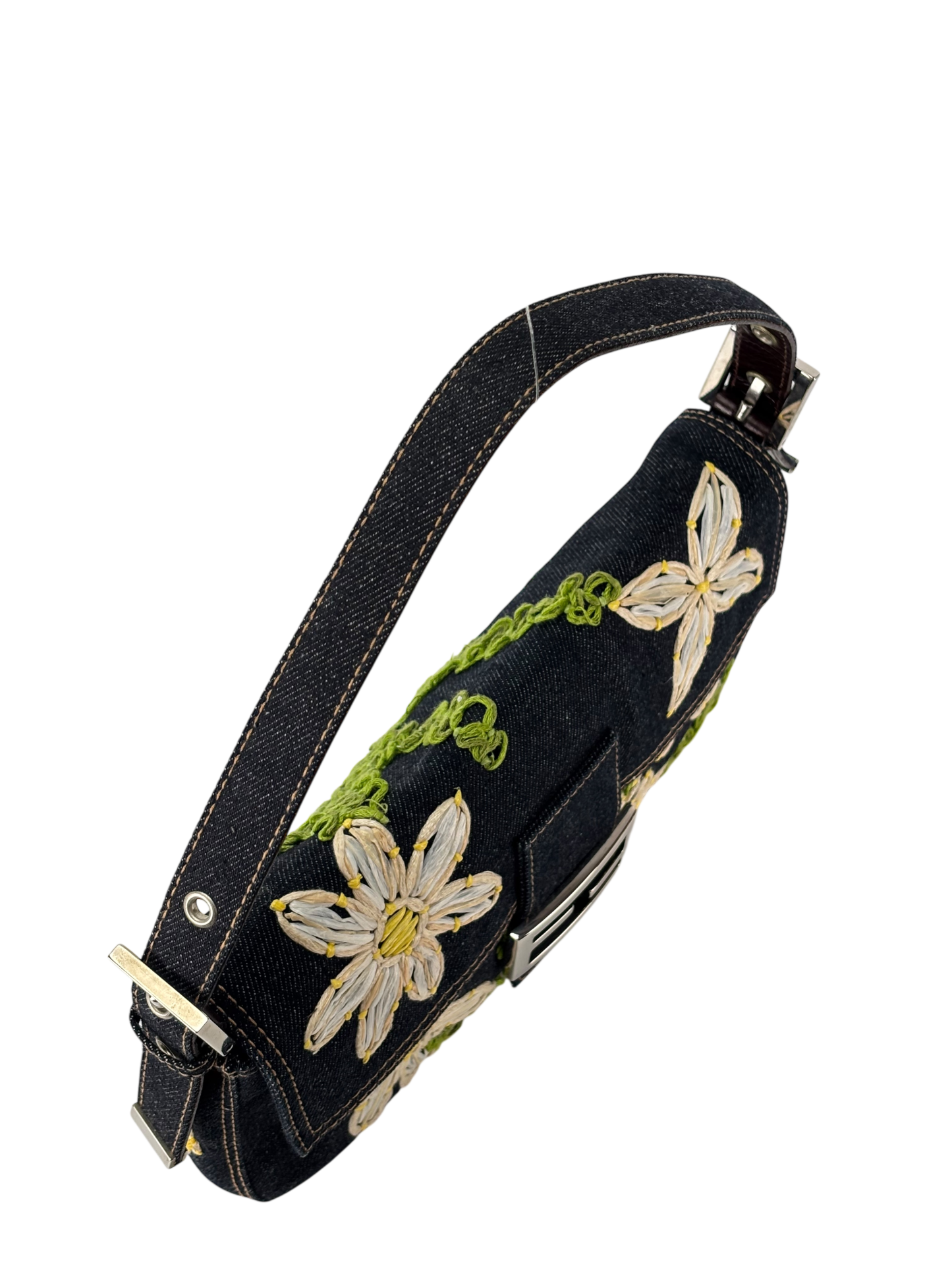 FENDI - Small Mamma Baguette Bag Denim Flower Navy