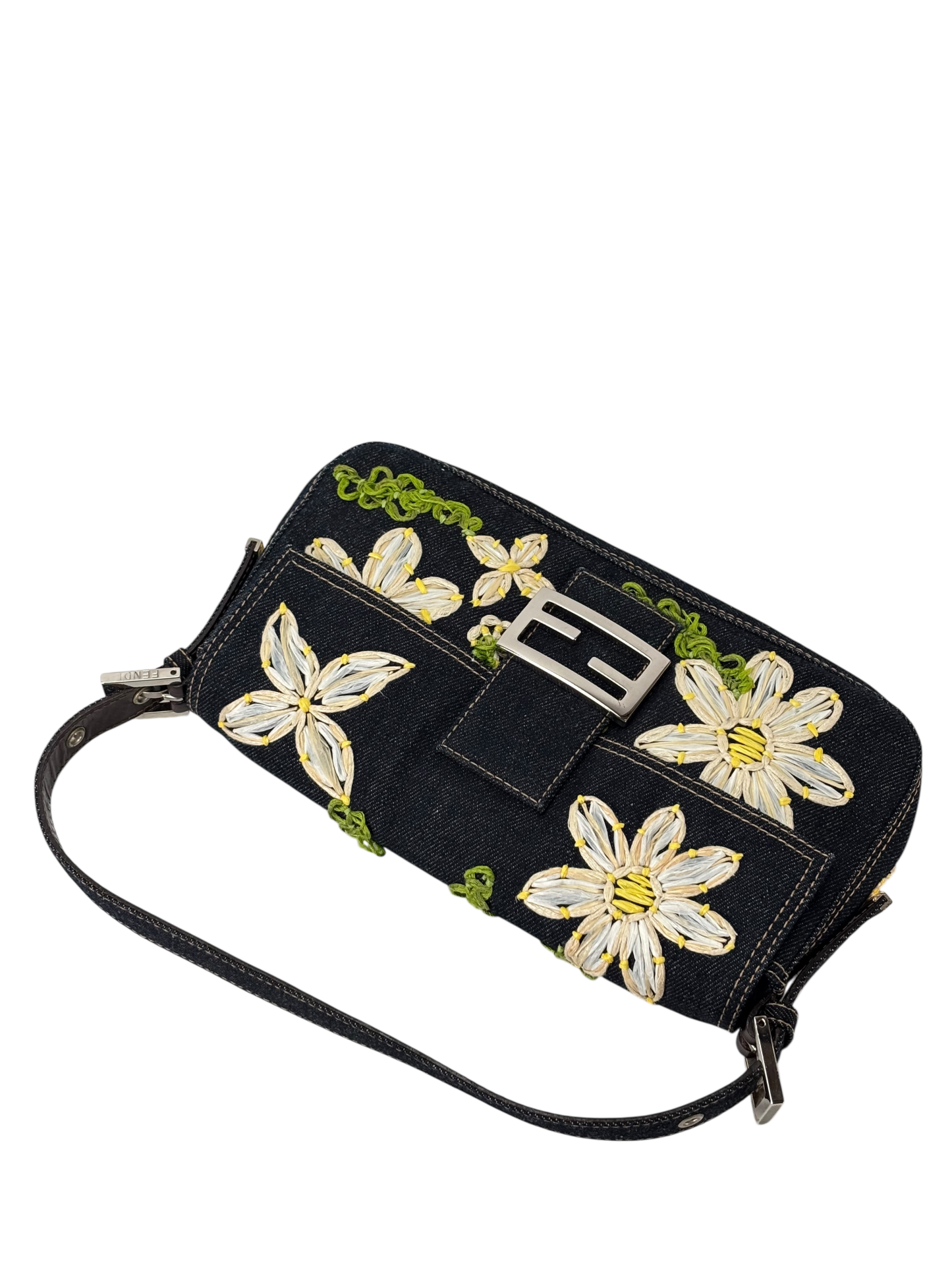 FENDI - Small Mamma Baguette Bag Denim Flower Navy