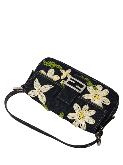 FENDI - Small Mamma Baguette Bag Denim Flower Navy