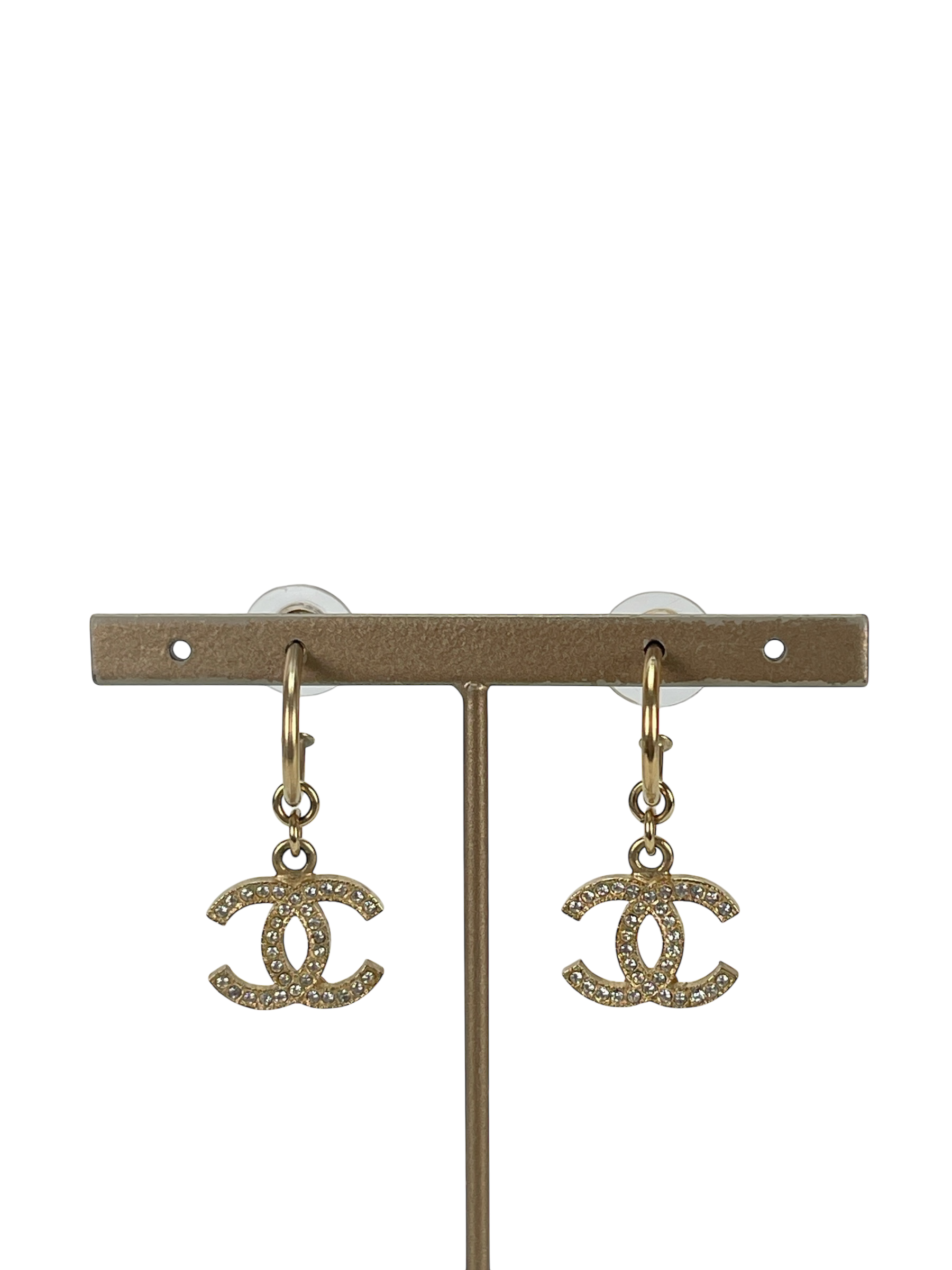 CHANEL - 09A Gold CoCo Mark Swing Rhinestone Earrings
