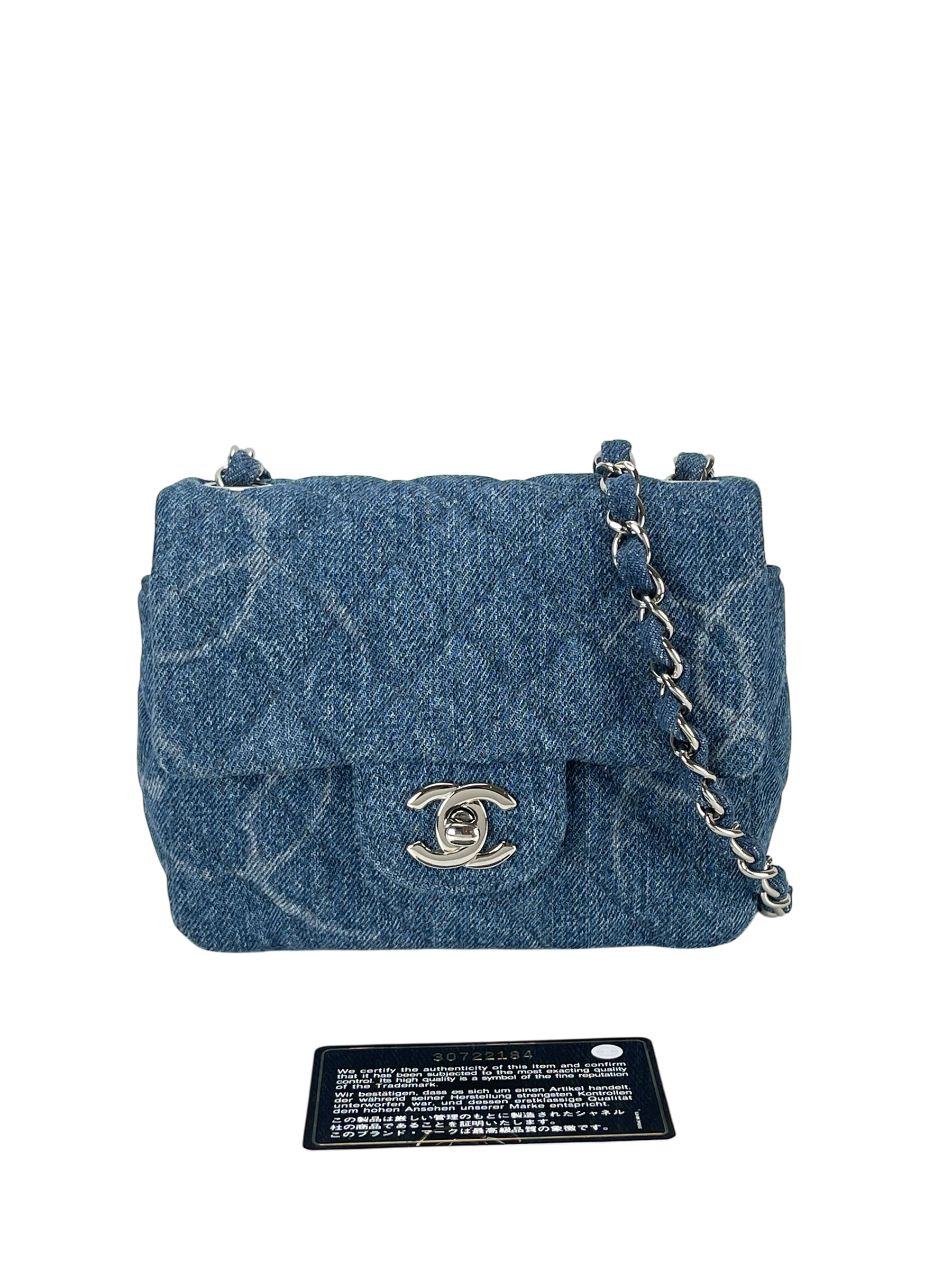 CHANEL - Blue Mini Denim Quilted CC Print Medium Single Flap