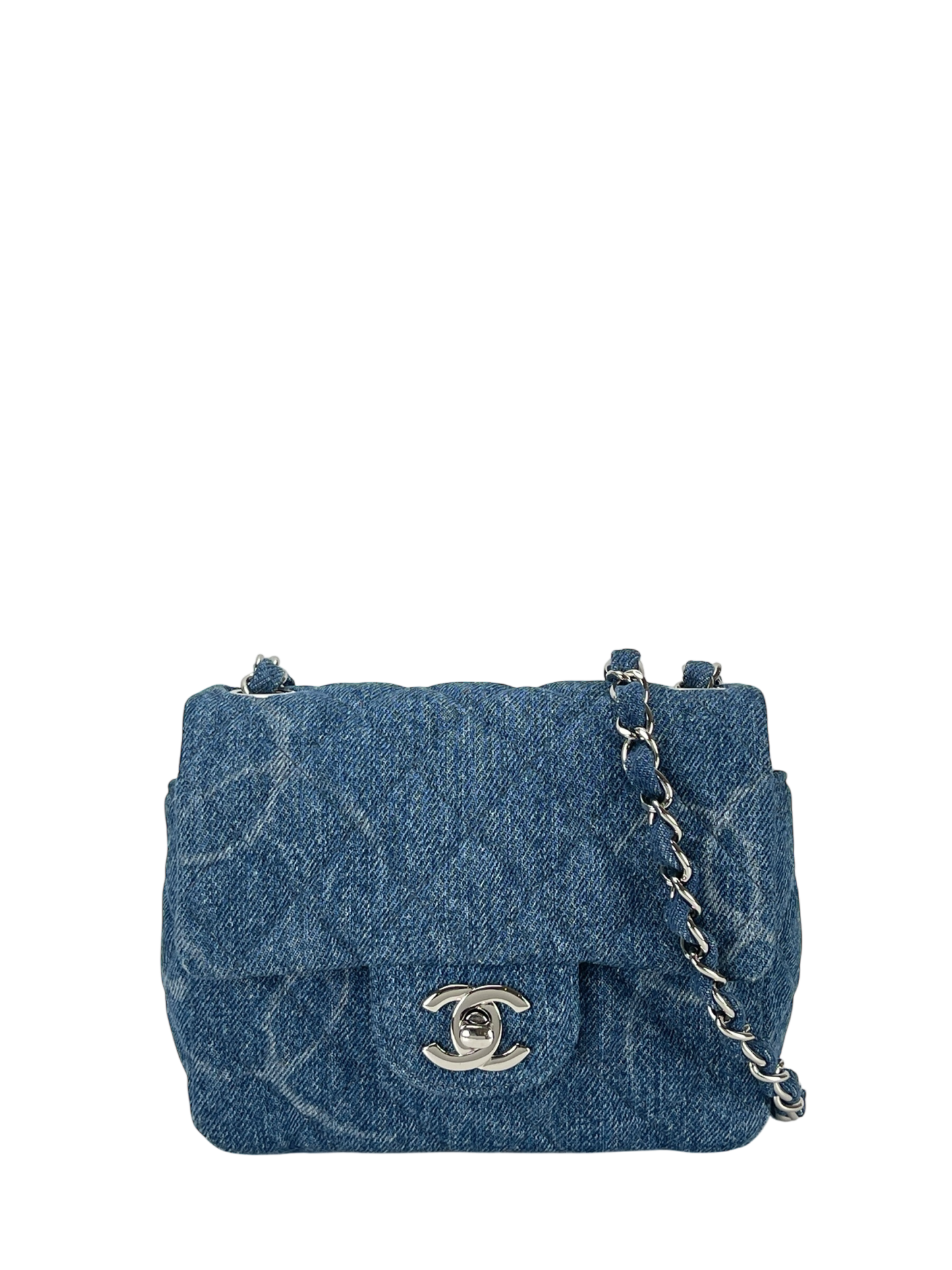 CHANEL - Blue Mini Denim Quilted CC Print Medium Single Flap