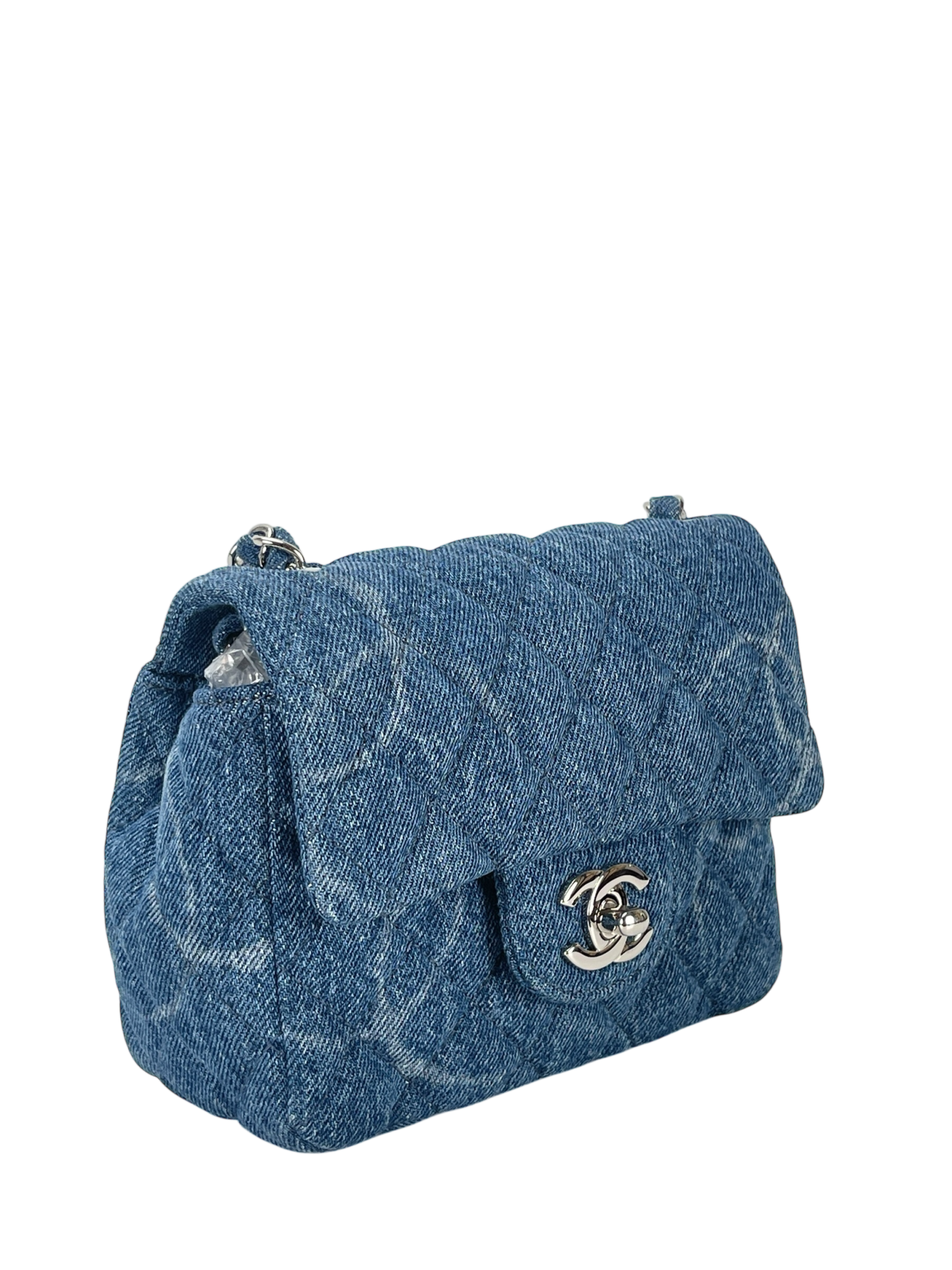 CHANEL - Blue Mini Denim Quilted CC Print Medium Single Flap