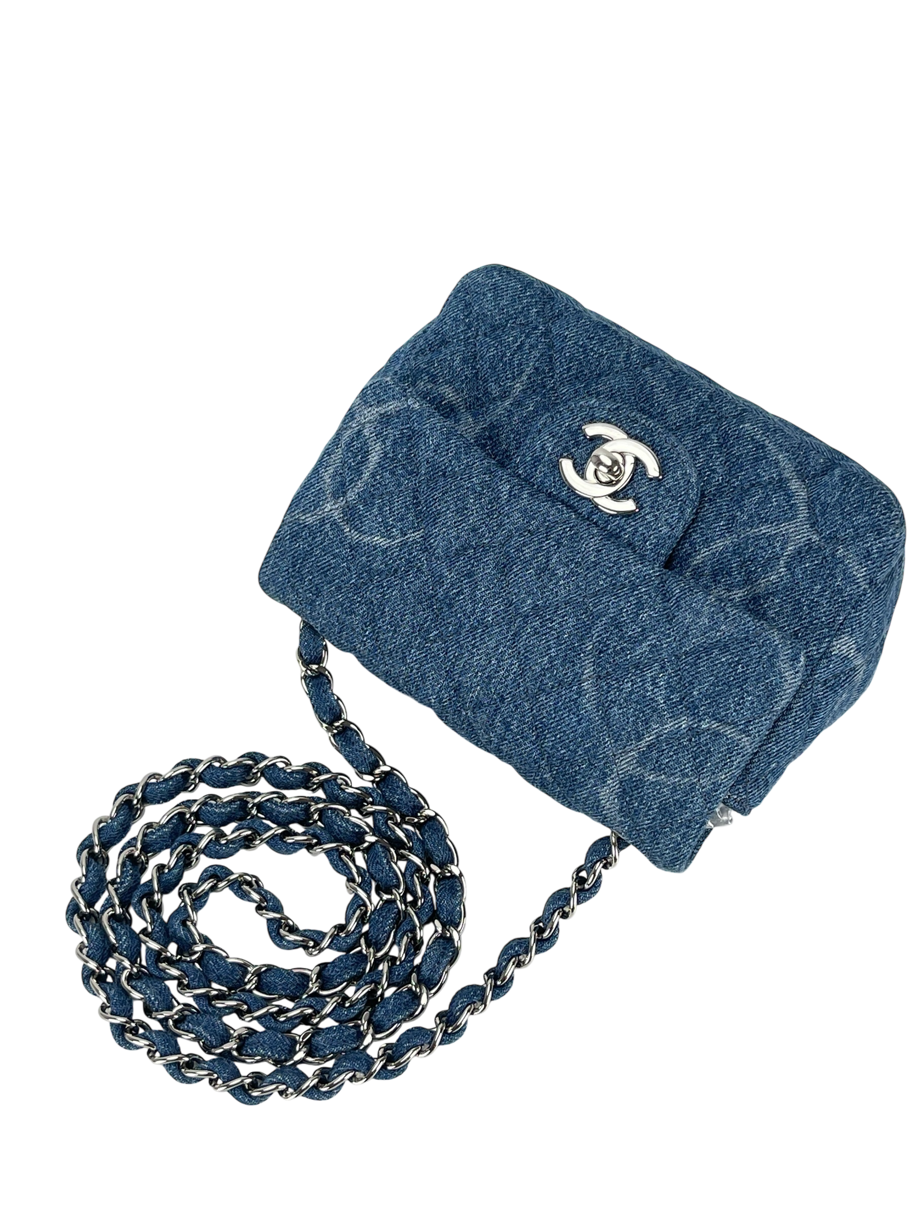 CHANEL - Blue Mini Denim Quilted CC Print Medium Single Flap