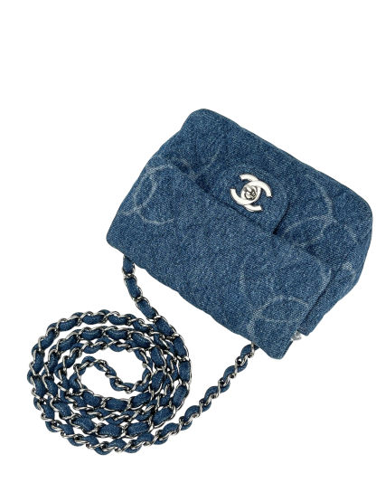 CHANEL - Blue Mini Denim Quilted CC Print Medium Single Flap