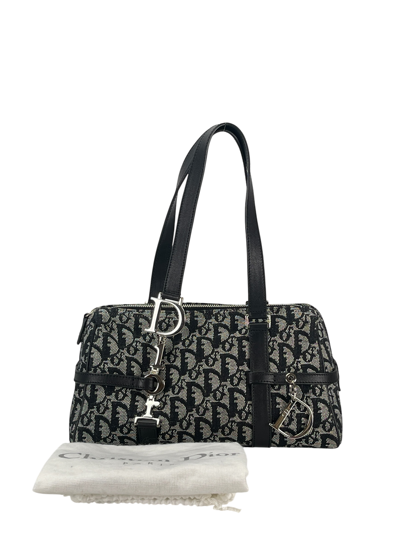 CHRISTIAN DIOR - Black Canvas Leather Trotter Logo Handbag Sliver Hardware