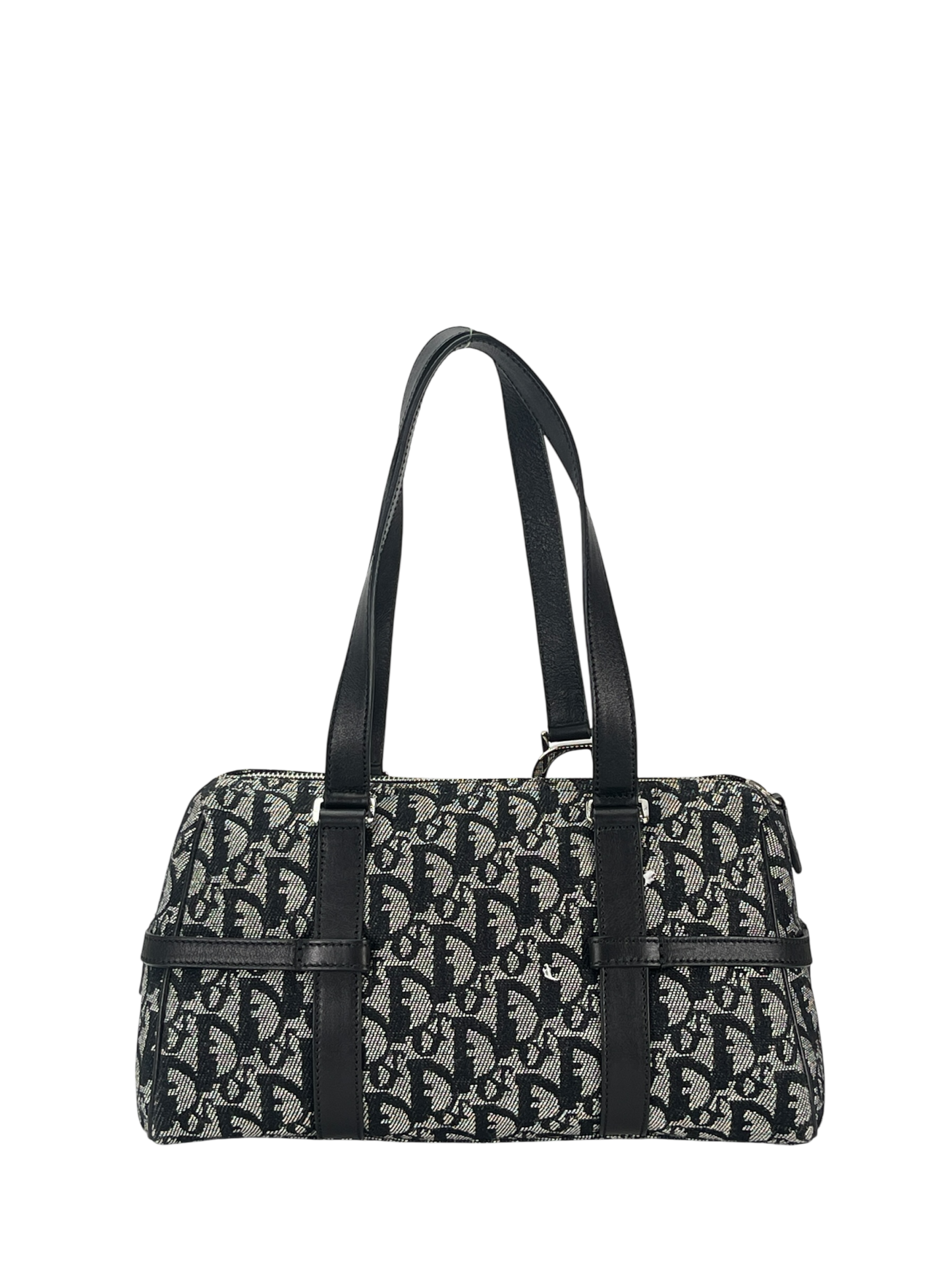 CHRISTIAN DIOR - Black Canvas Leather Trotter Logo Handbag Sliver Hardware