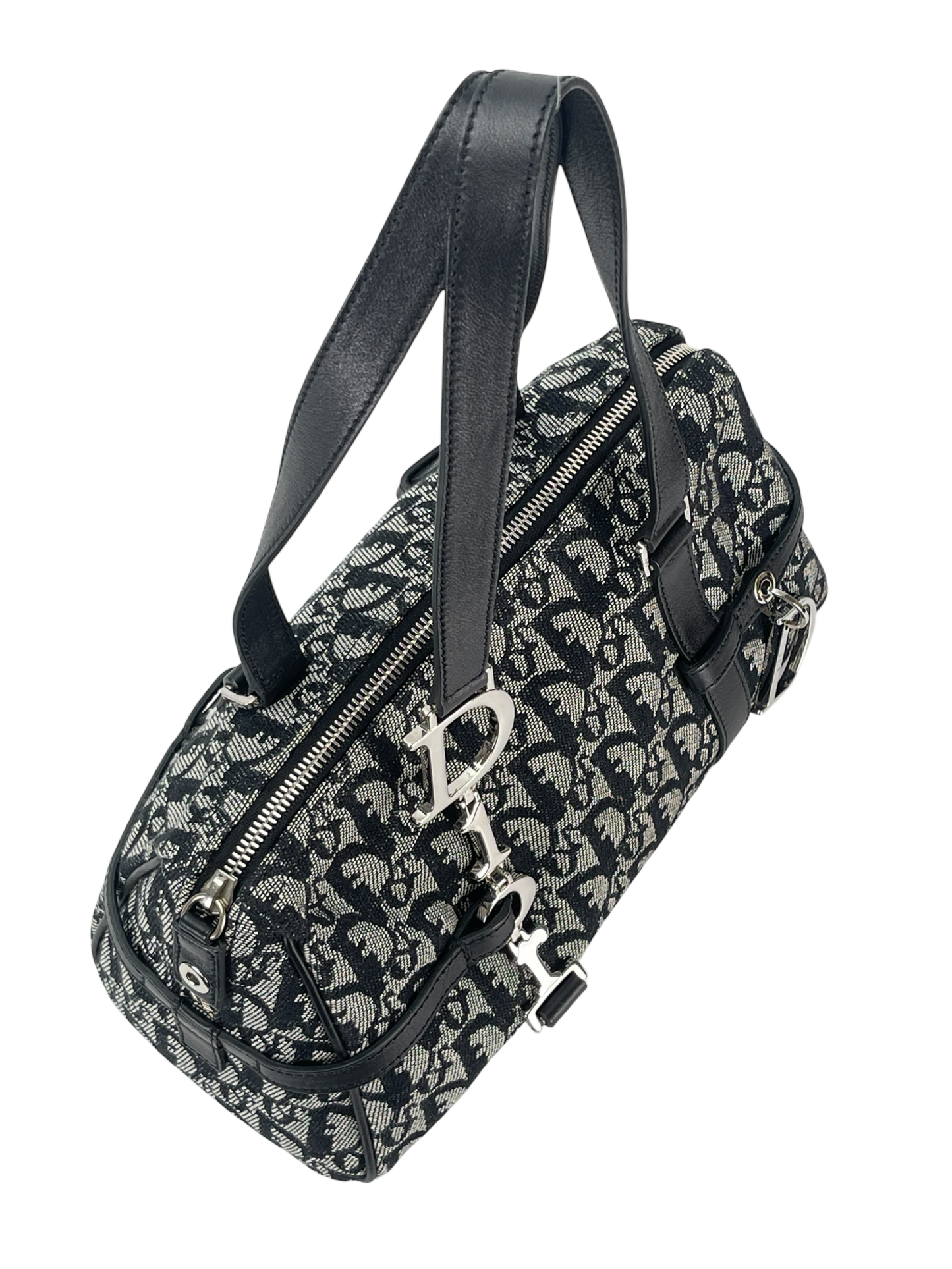 CHRISTIAN DIOR - Black Canvas Leather Trotter Logo Handbag Sliver Hardware