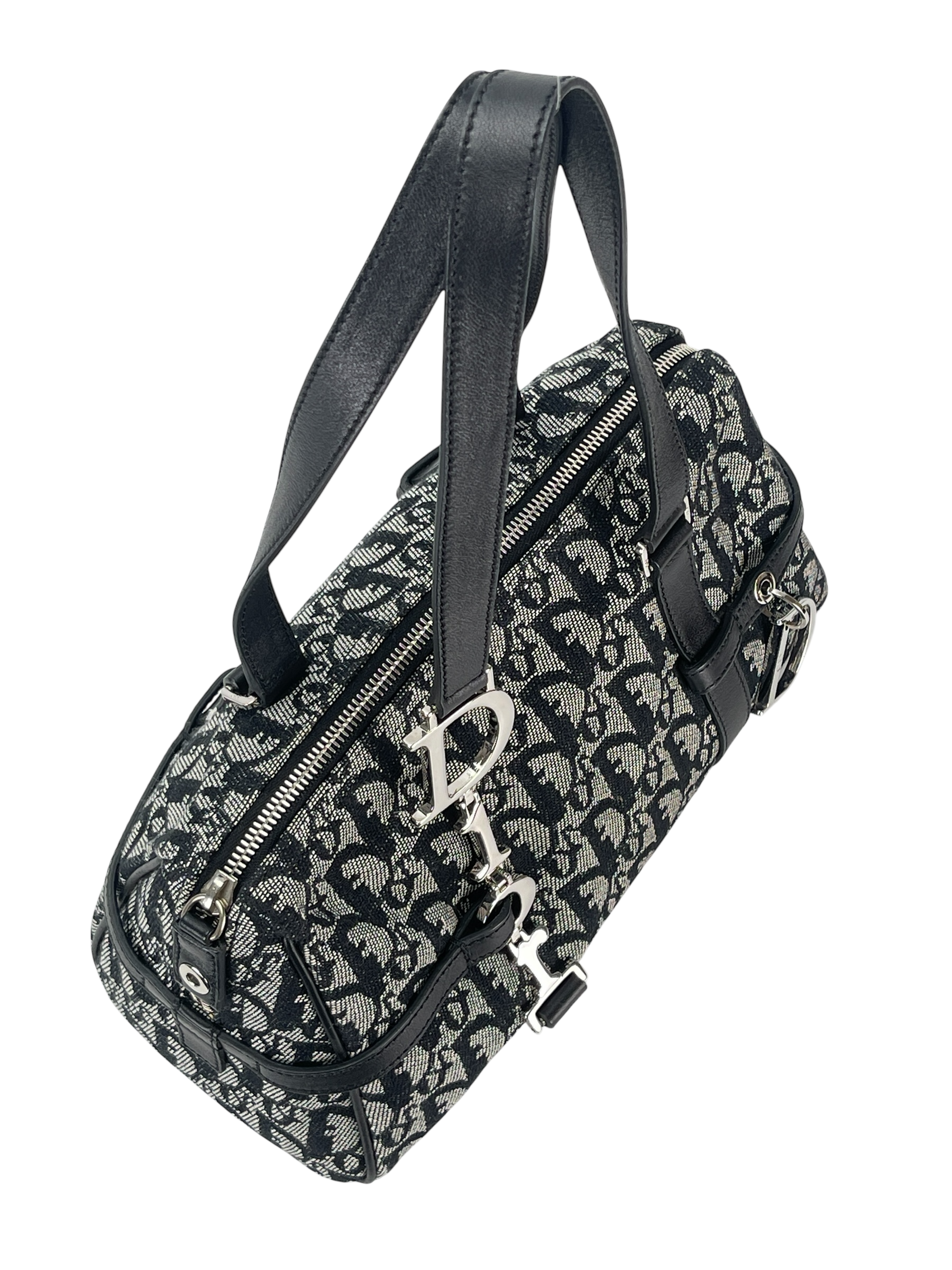 CHRISTIAN DIOR - Black Canvas Leather Trotter Logo Handbag Sliver Hardware