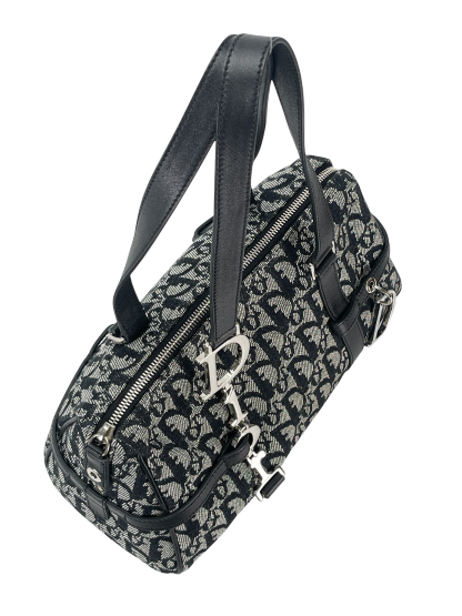 CHRISTIAN DIOR - Black Canvas Leather Trotter Logo Handbag Sliver Hardware